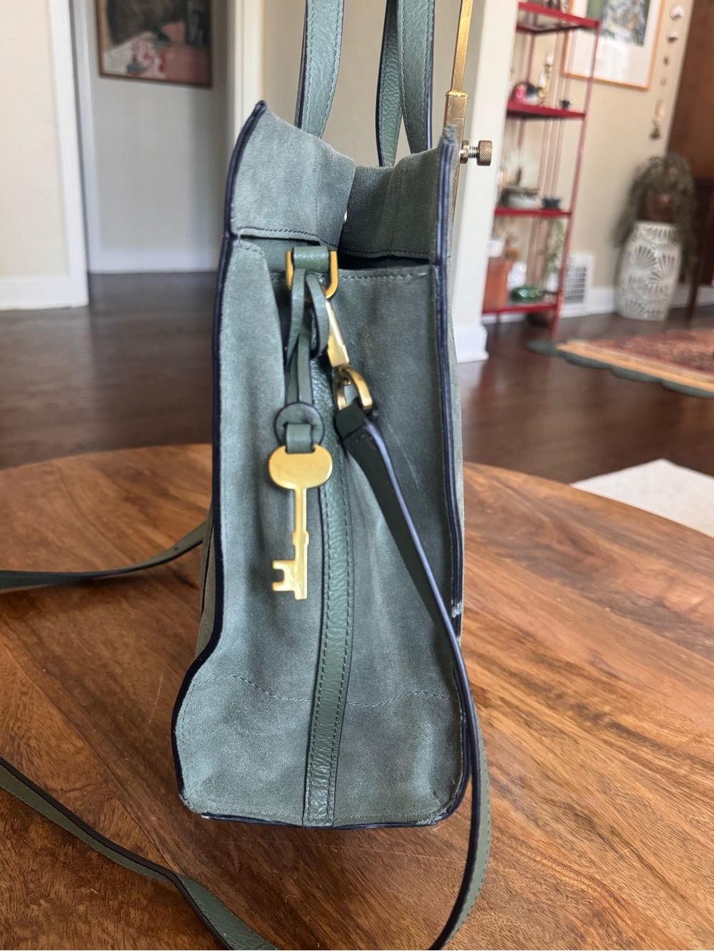 Fossil Carmen Shopper Green Suede Pink Leather Stripes Crossbody Top Handle Tote - Picture 5 of 14